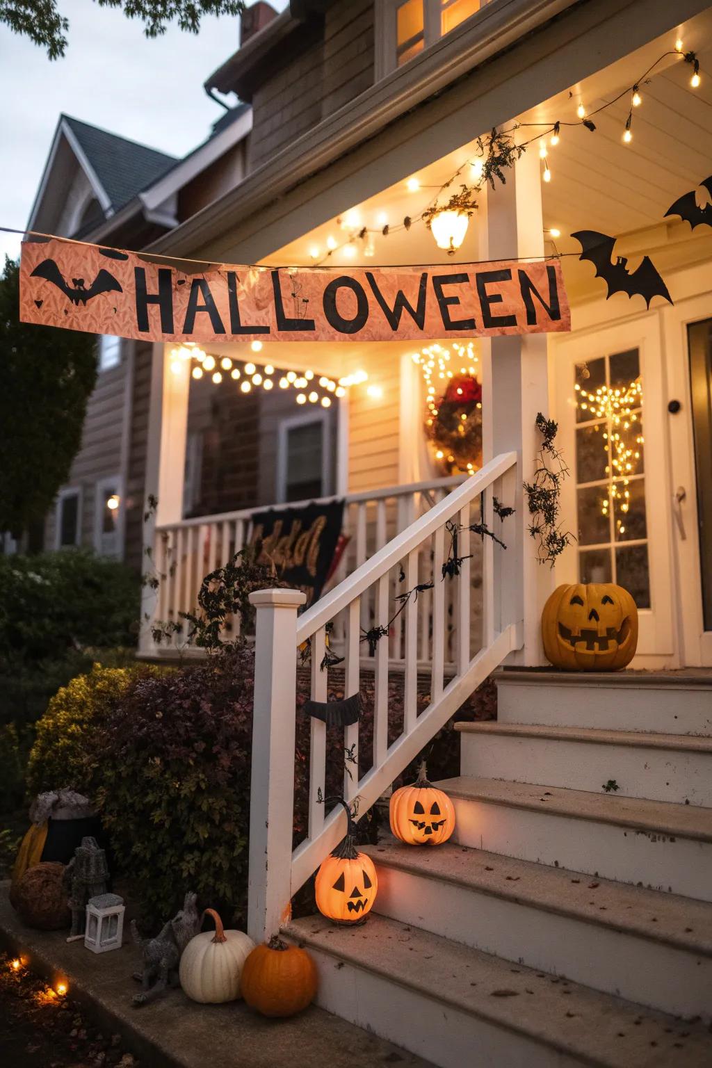 A bewitching banner adds a festive touch to the Halloween setup.