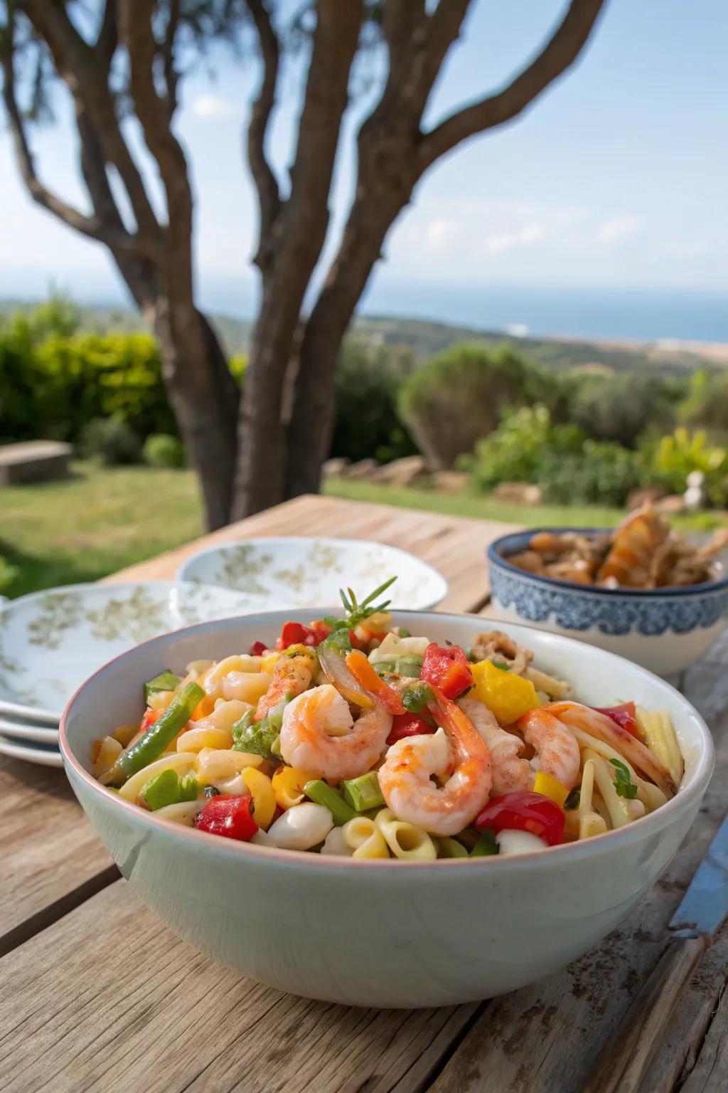 Ocean pasta blend, a hearty and shareable open-air dish.