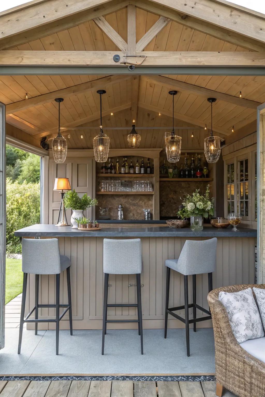 An entertaining bar space inside a shed home, perfect for hosting.