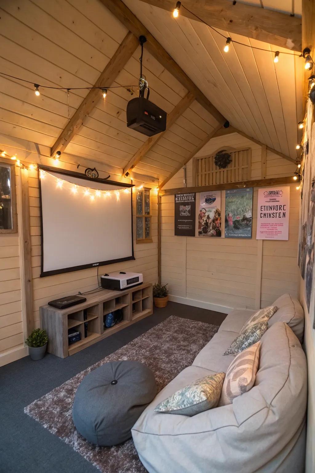 A shed transformed into a cozy mini home theater for movie enthusiasts.