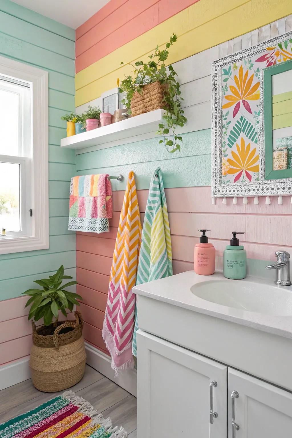 A bathroom with a colorful shiplap feature wall for vibrancy.