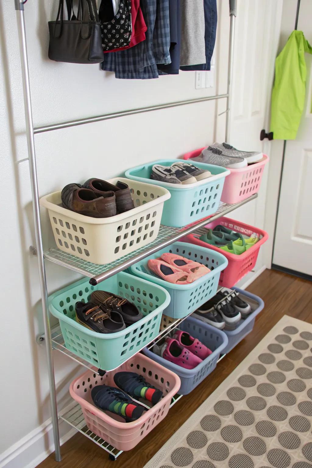 Hanging basket racks provide an innovative solution for saving floor space.