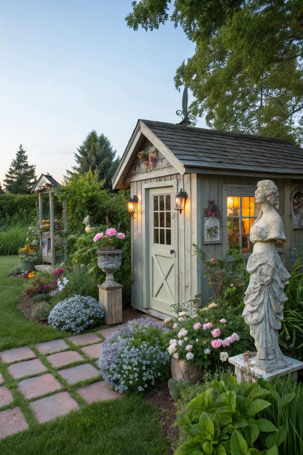 Artistic sculptures provide a unique and personal touch to your shed's surroundings.