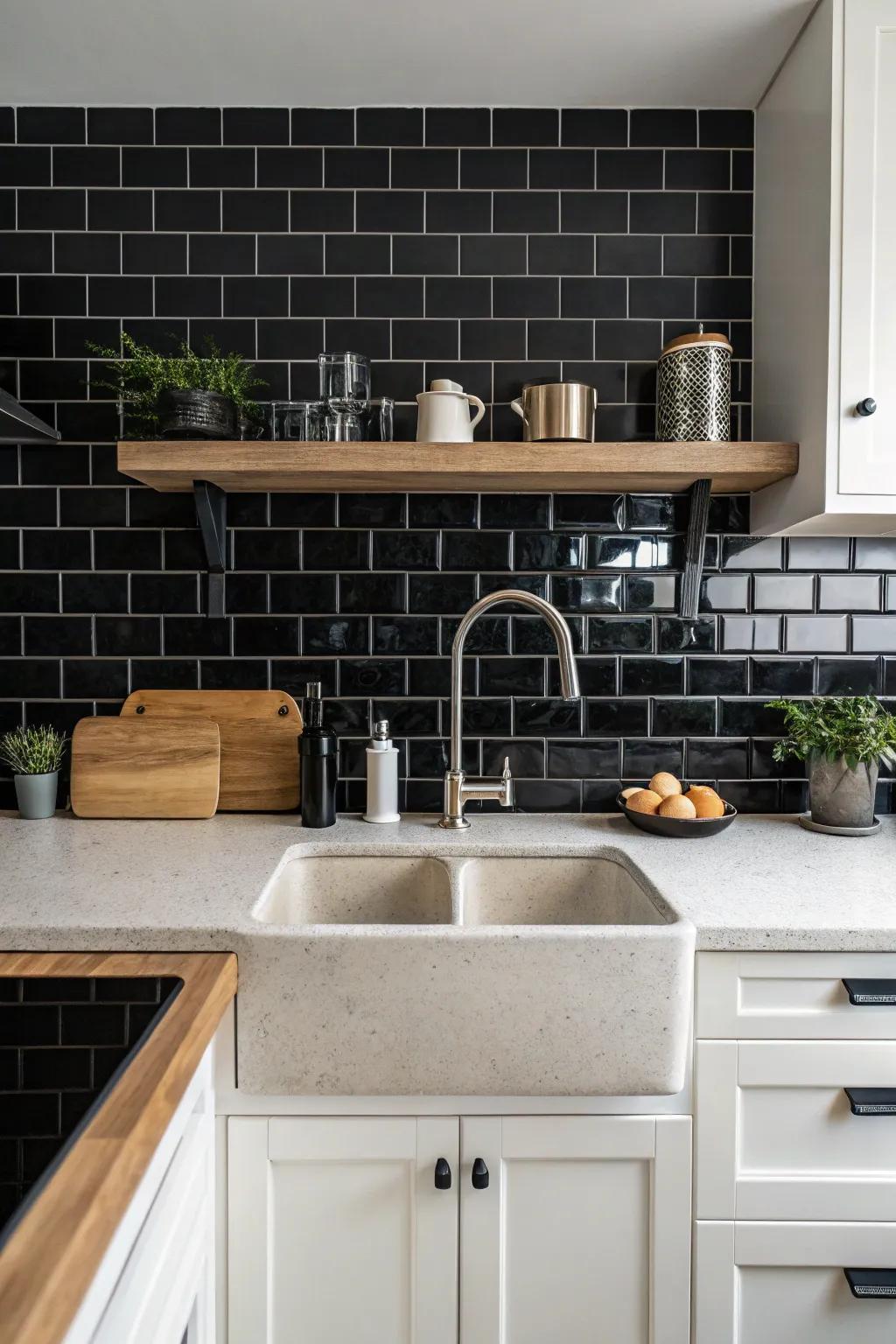 Bold black tiles create a dramatic and intriguing kitchen backdrop.