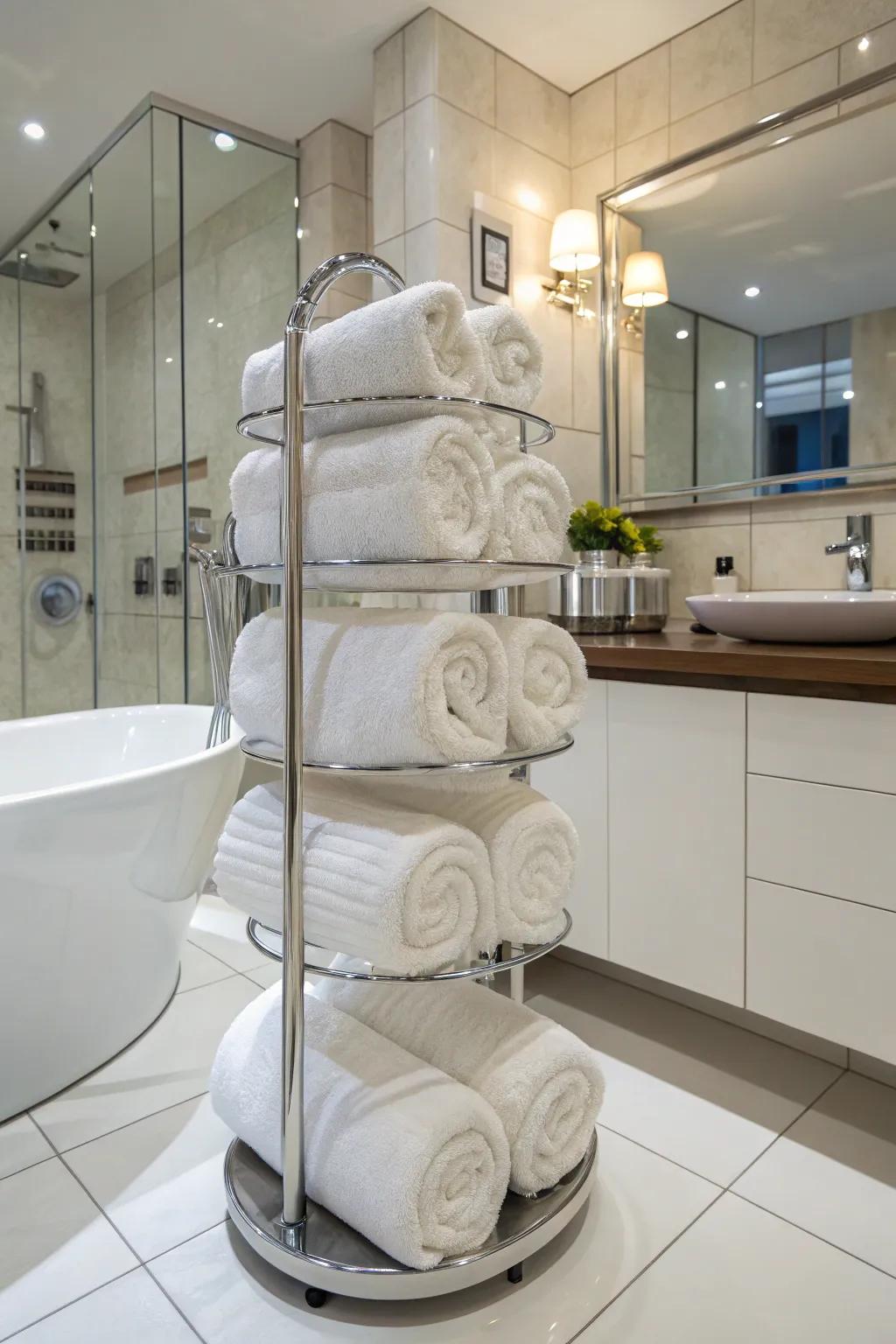 Handy and accessible storage with a revolving towel tower.