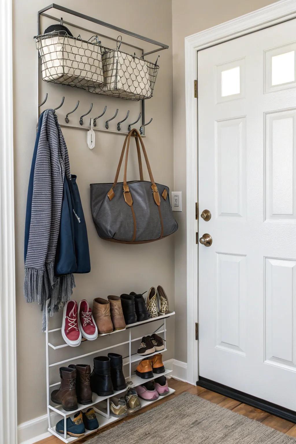 Over-the-door storage maximizing entryway efficiency.