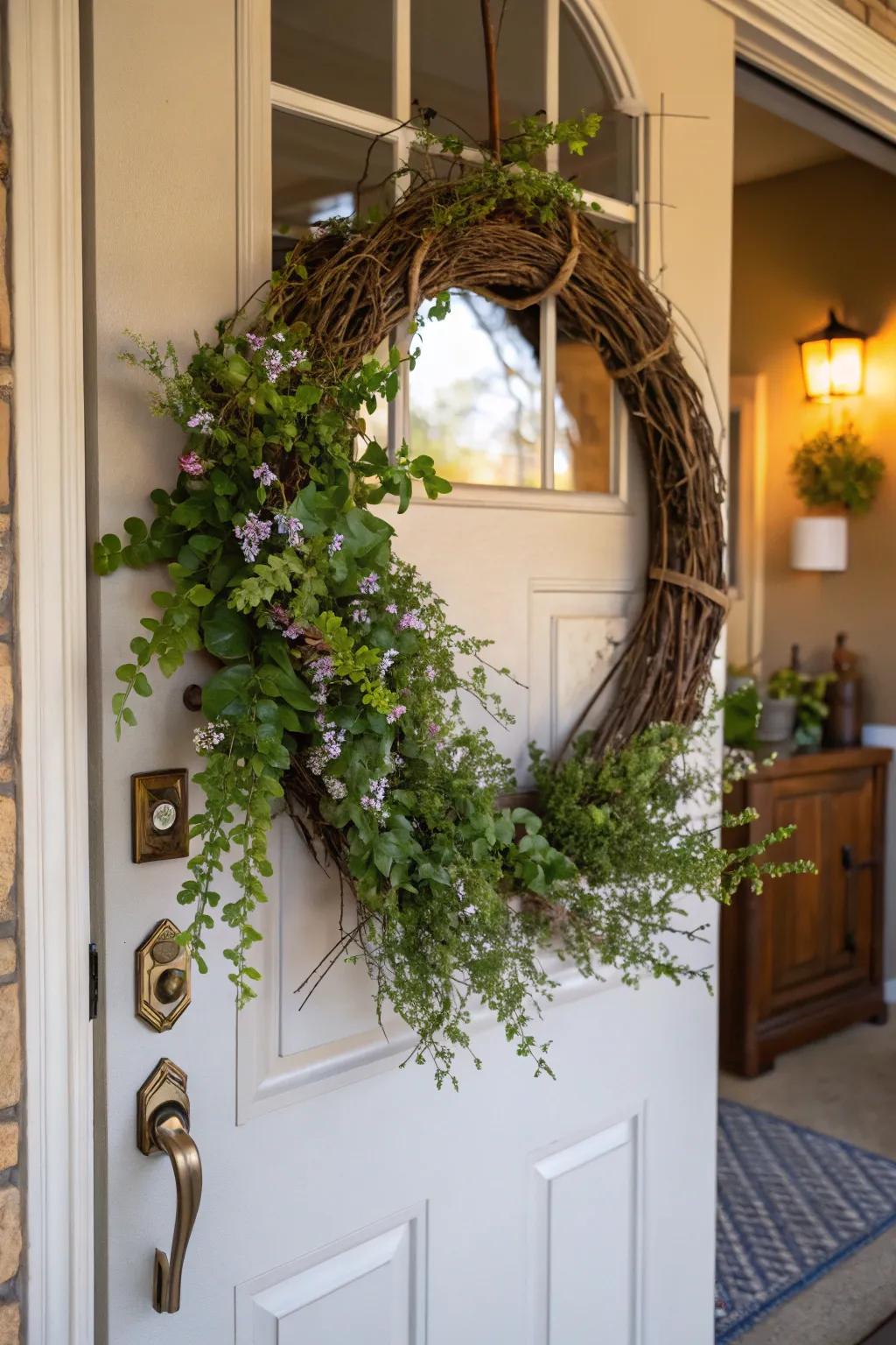 A grapevine wreath with blossoms offers a warm and homespun greeting.