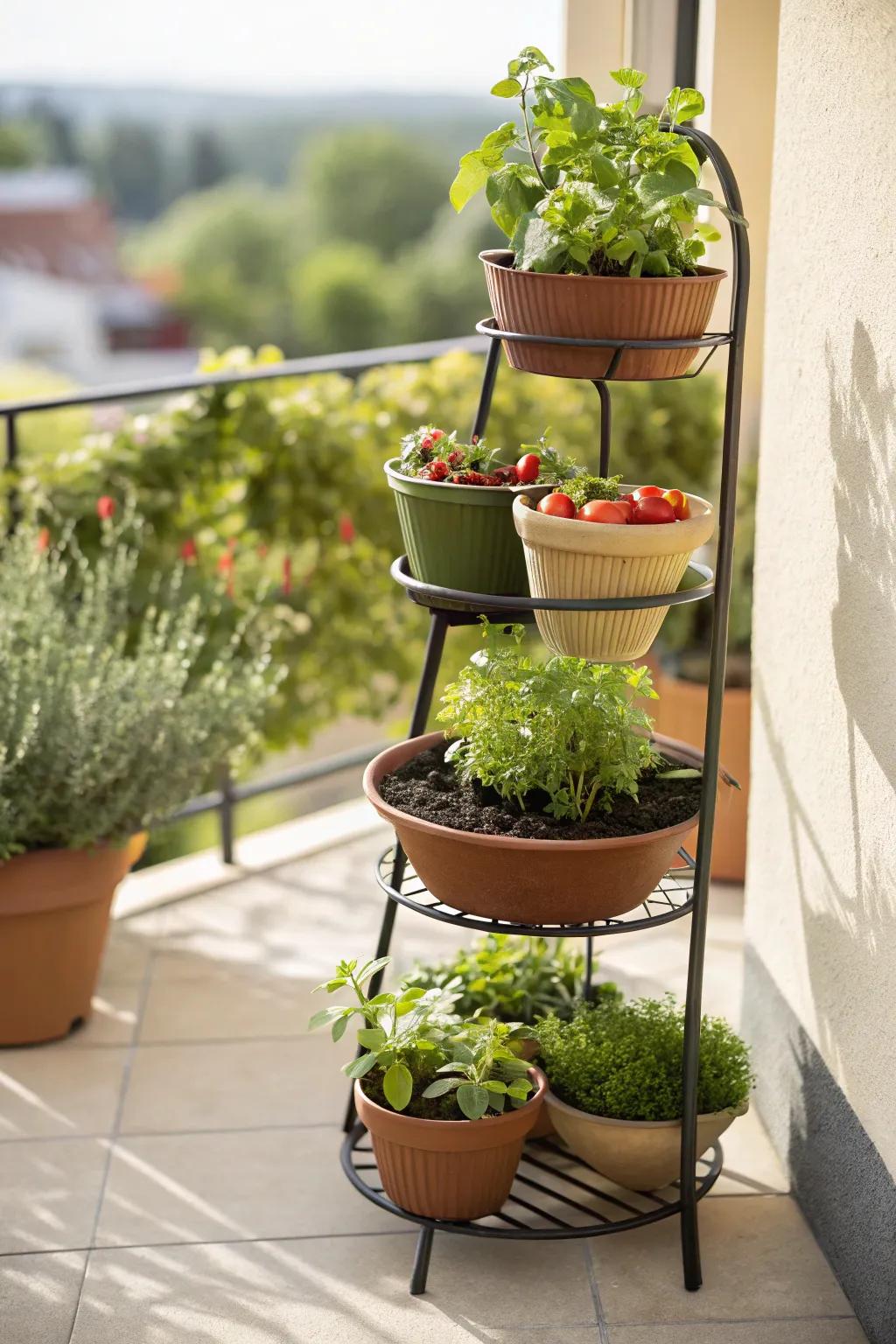 Tiered plant stands maximize vertical space efficiently.