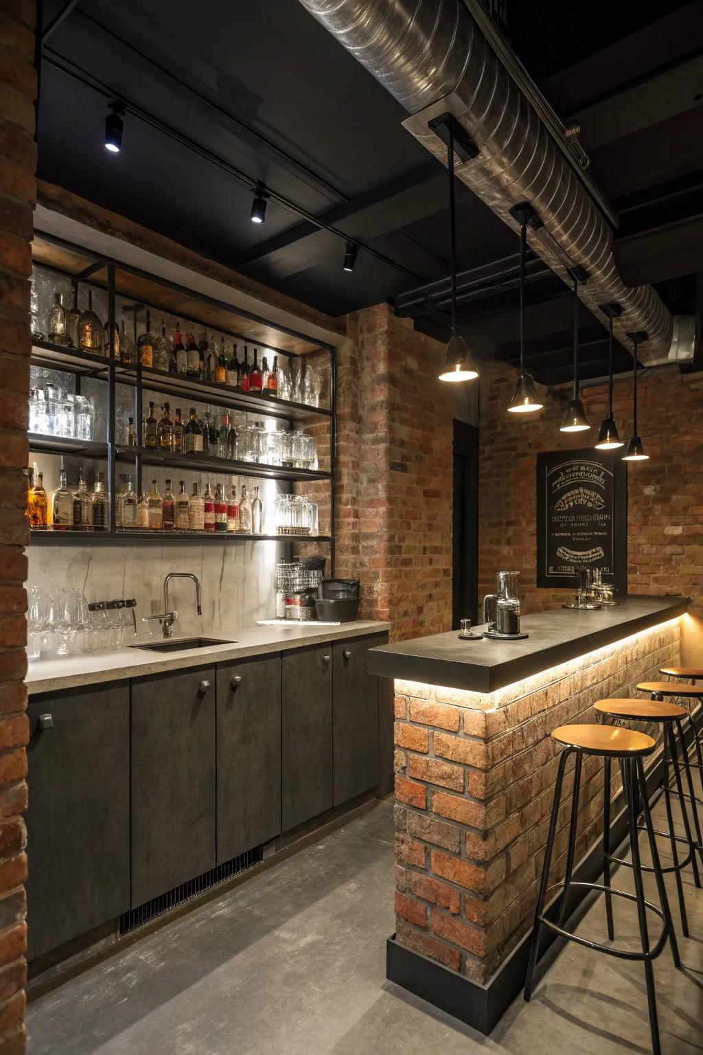 Industrial chic design elements in a small wet bar.