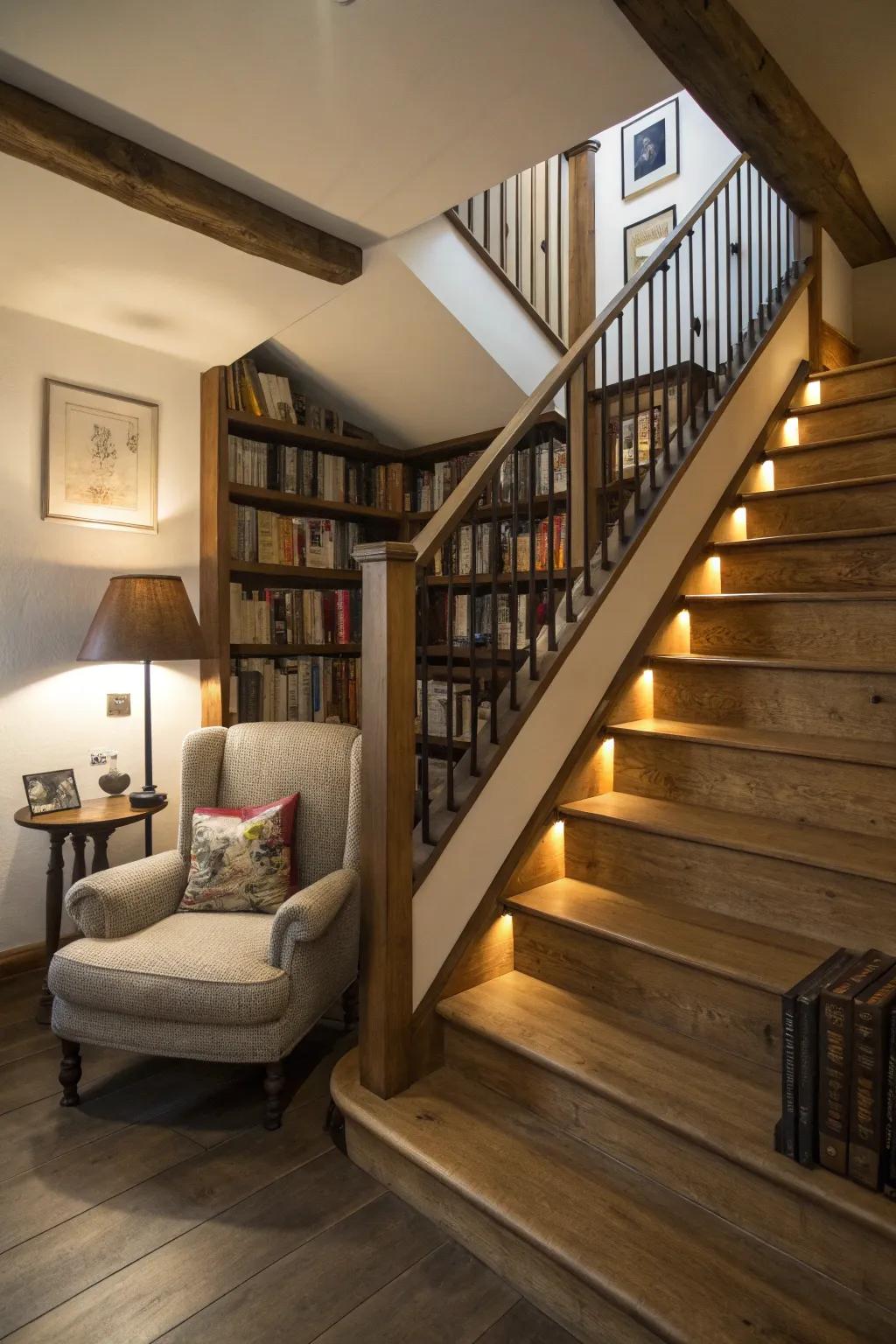 Staircase is integrated with bookshelves for stylish storage.
