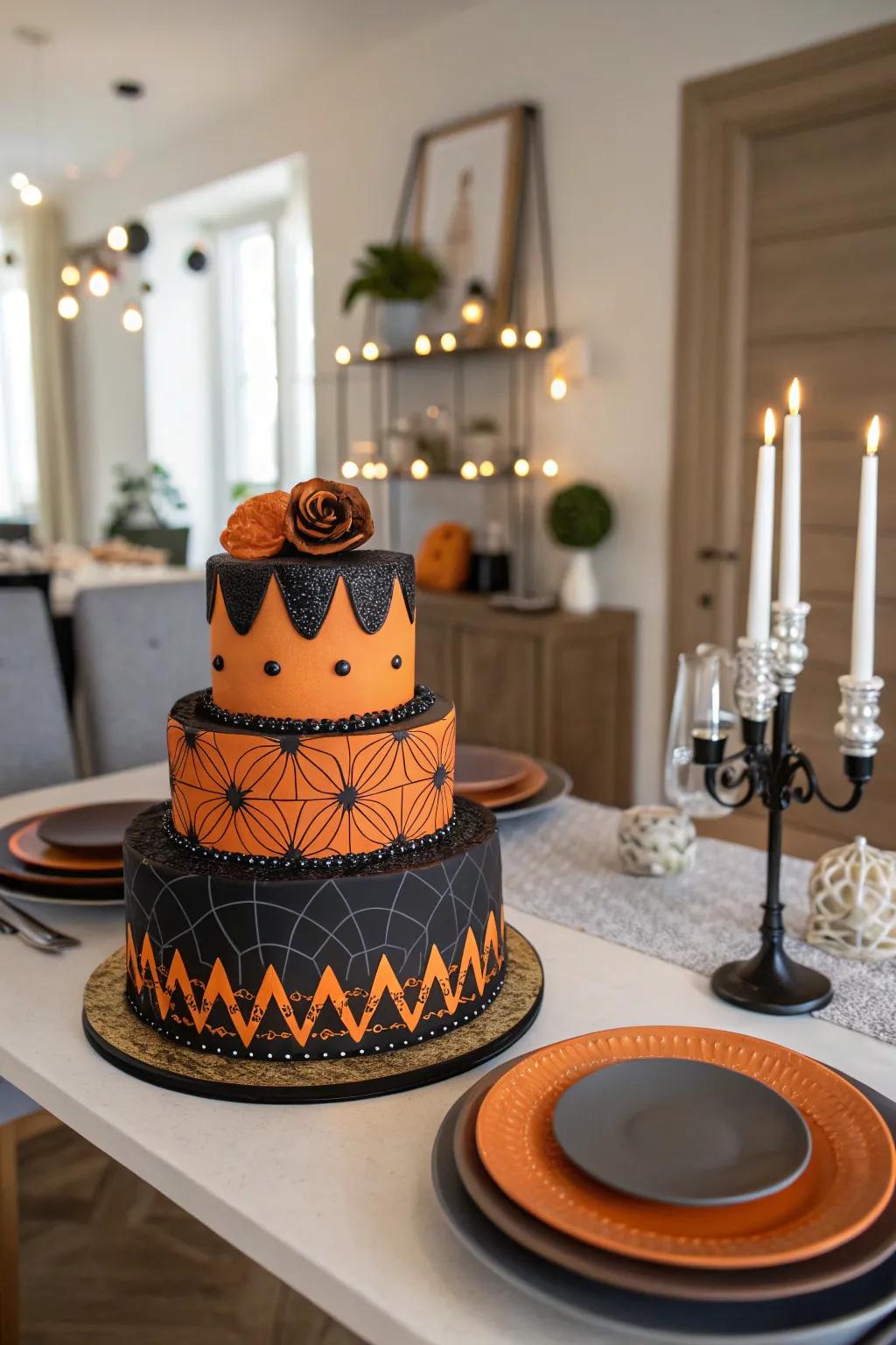 Bold black and orange themed spider cake.