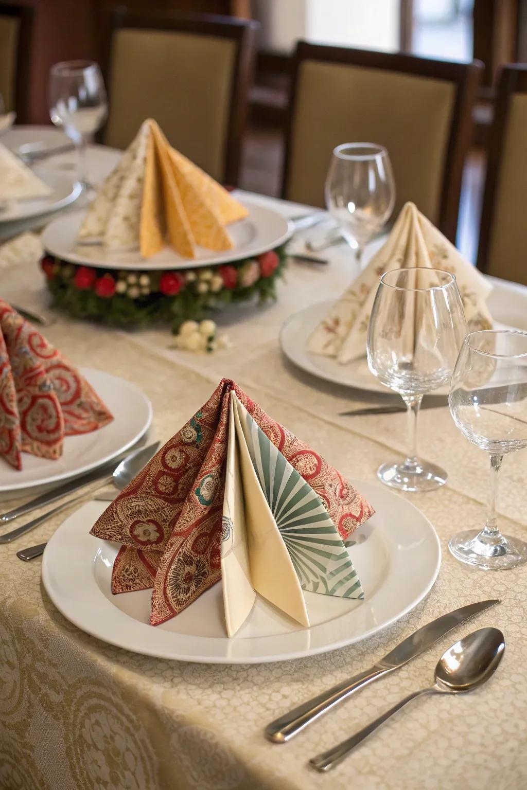 A distinctive table setting is achieved by intricate textile folding.