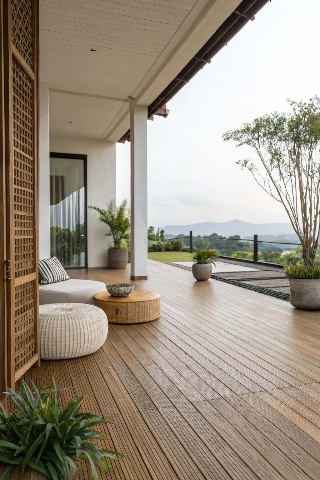 Bamboo deck surface is a maintainable and stylish decision for patios.