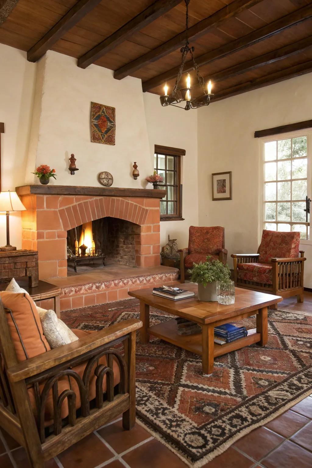 Terracotta tiles create a warm and inviting fireplace atmosphere.