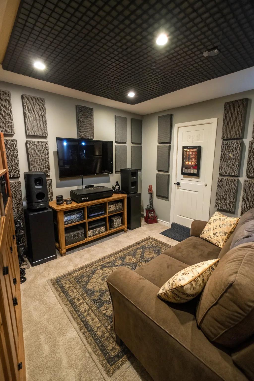 Acoustic panels enhance sound and add style to a small man cave.