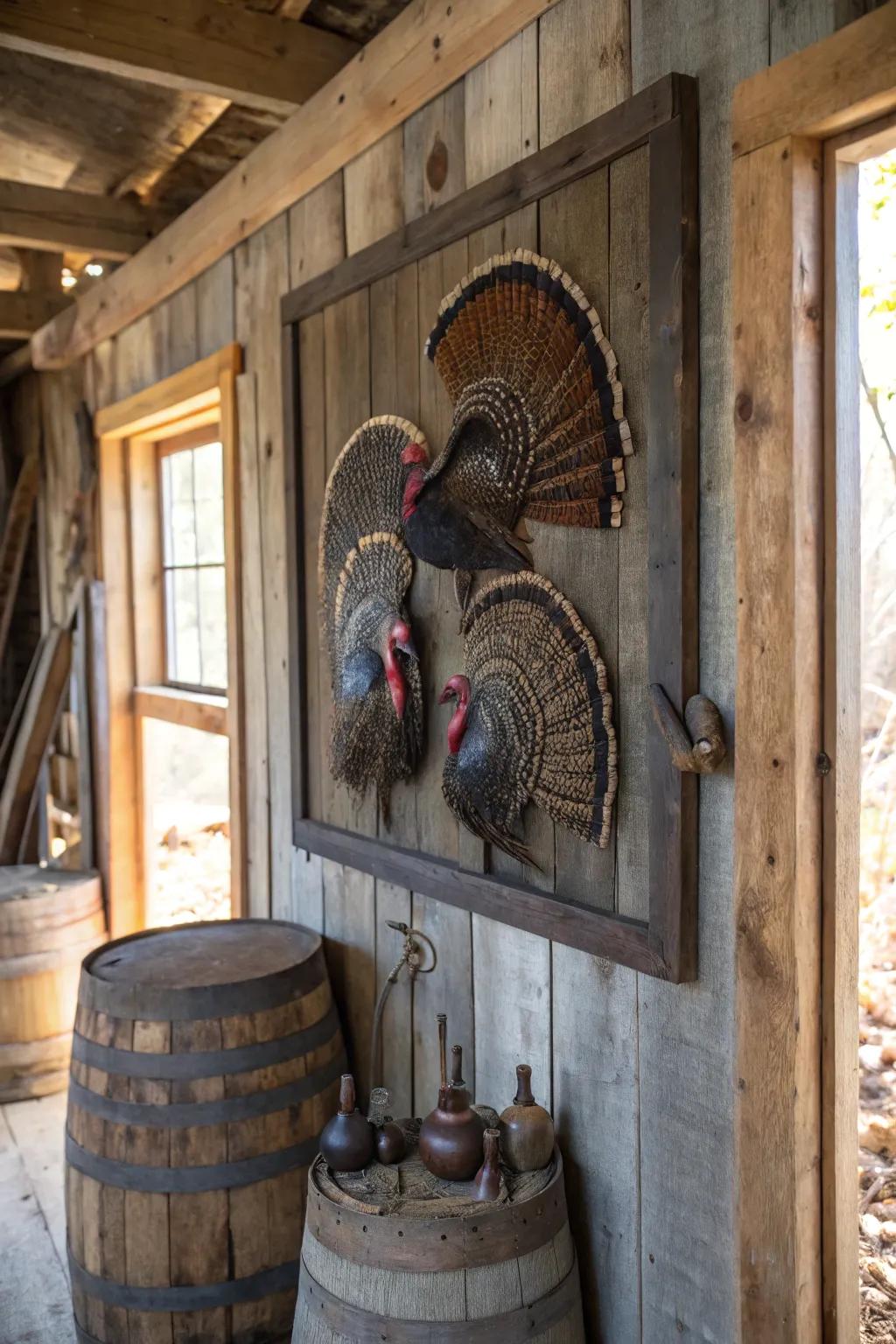 A rustic barnwood panel showcasing turkey trophies.