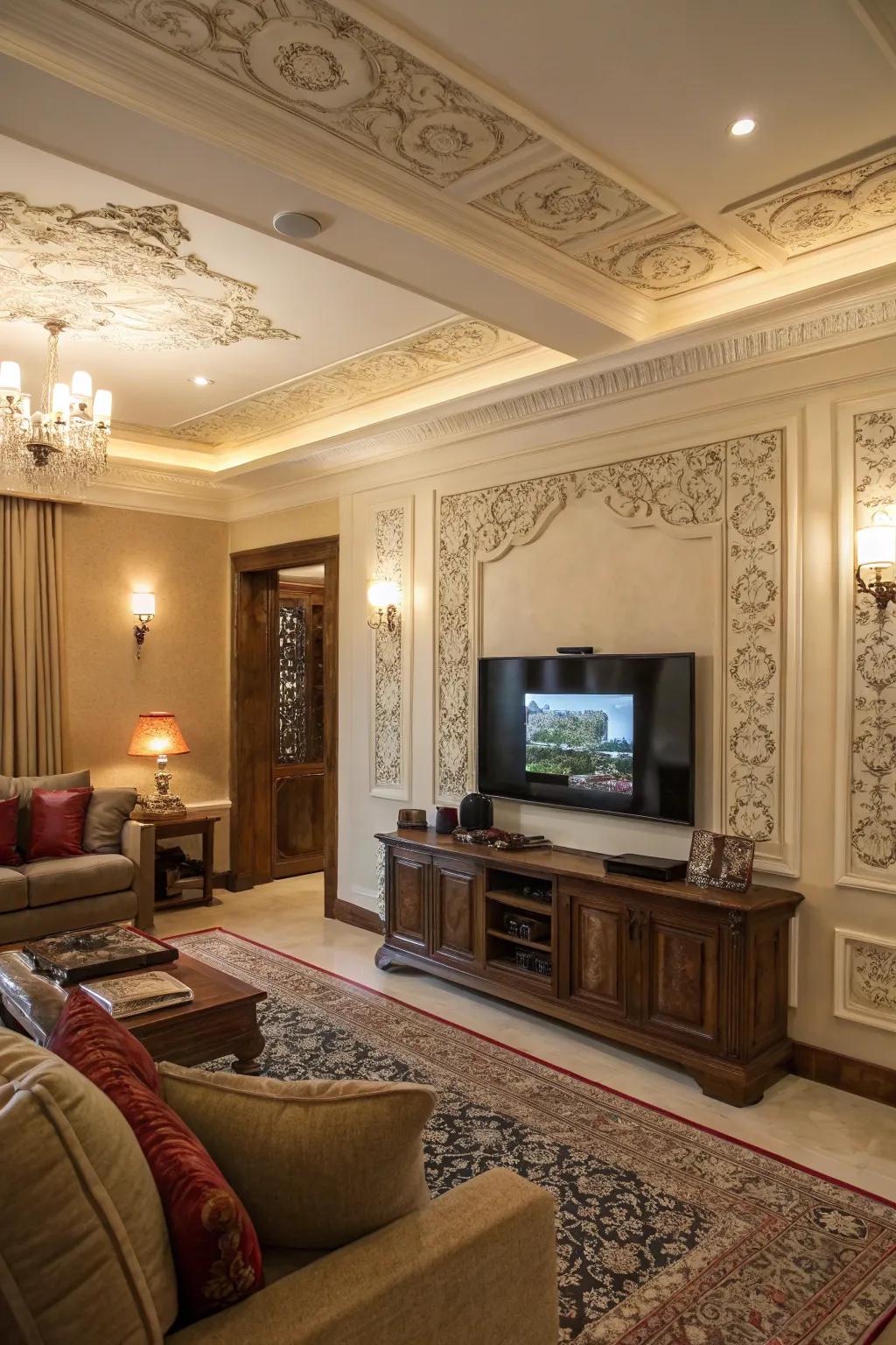 Decorative molding frames the TV, giving it an artful presence.