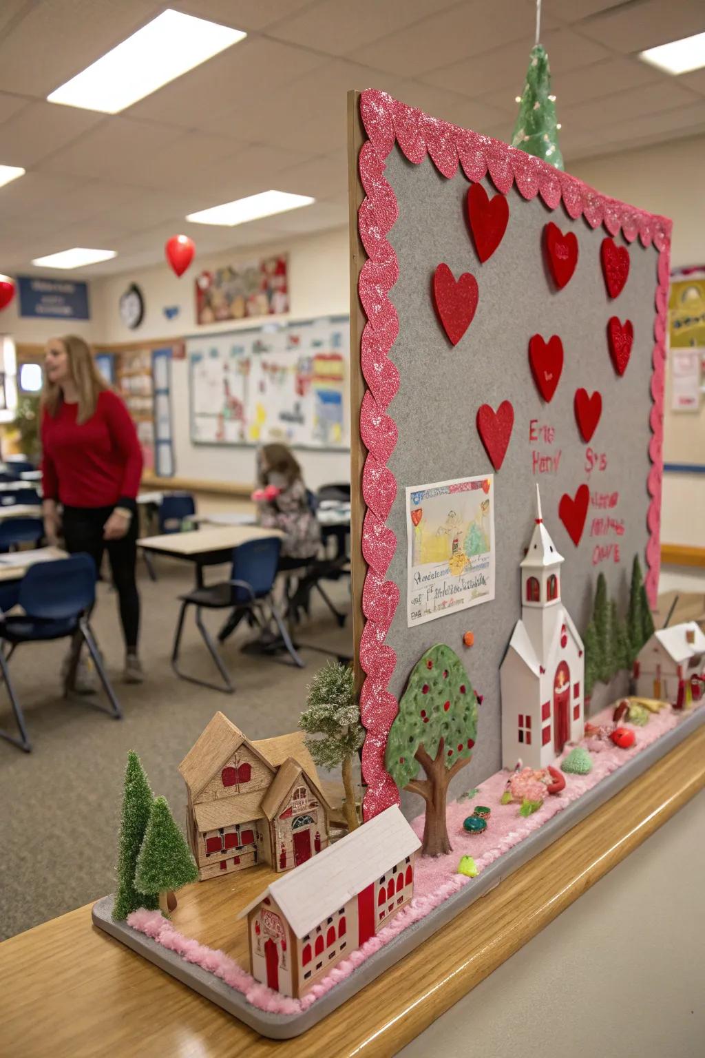 A Valentine's Village bulletin board with a charming community scene.