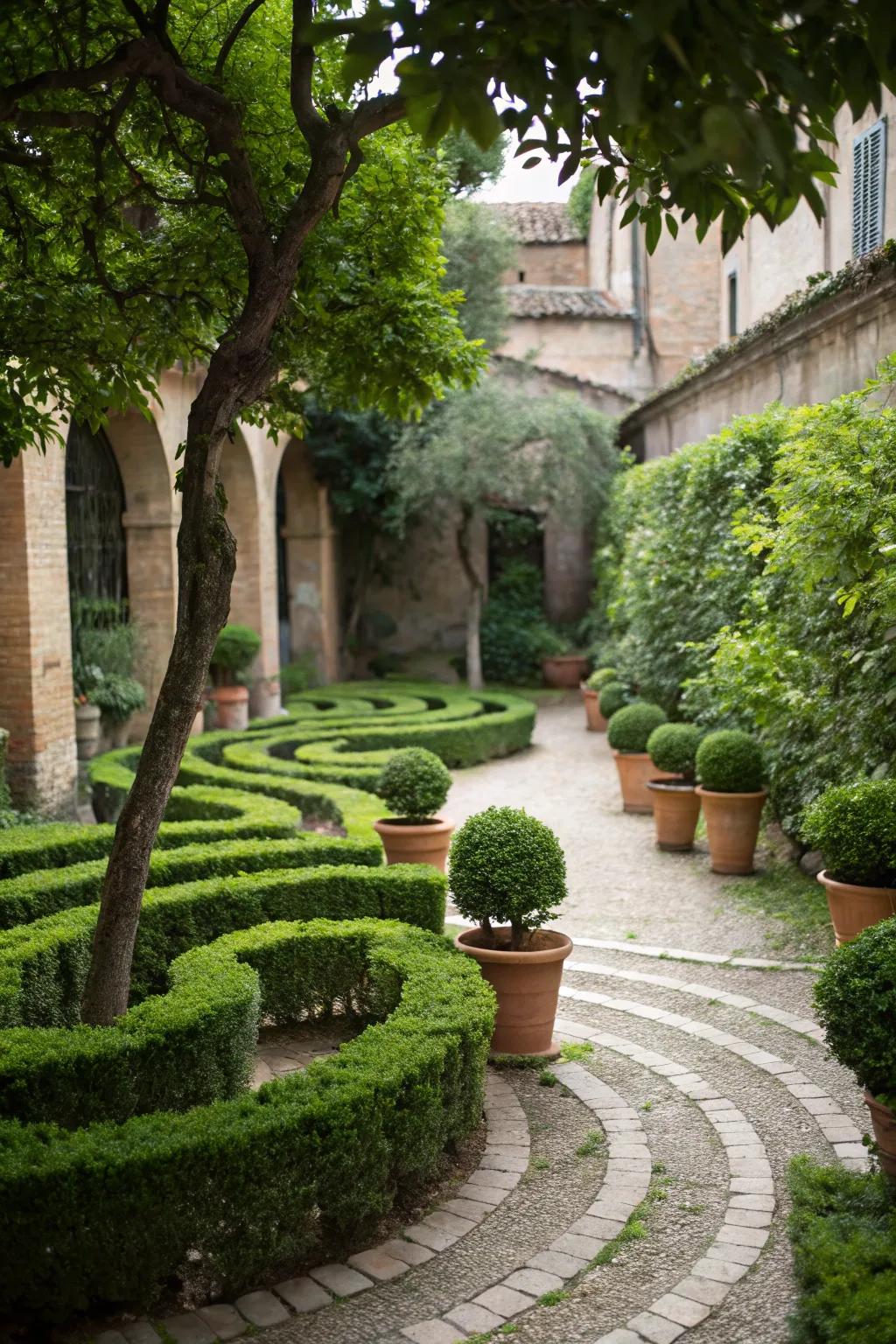 A potted plant pathway labyrinth allows for seasonal customization.