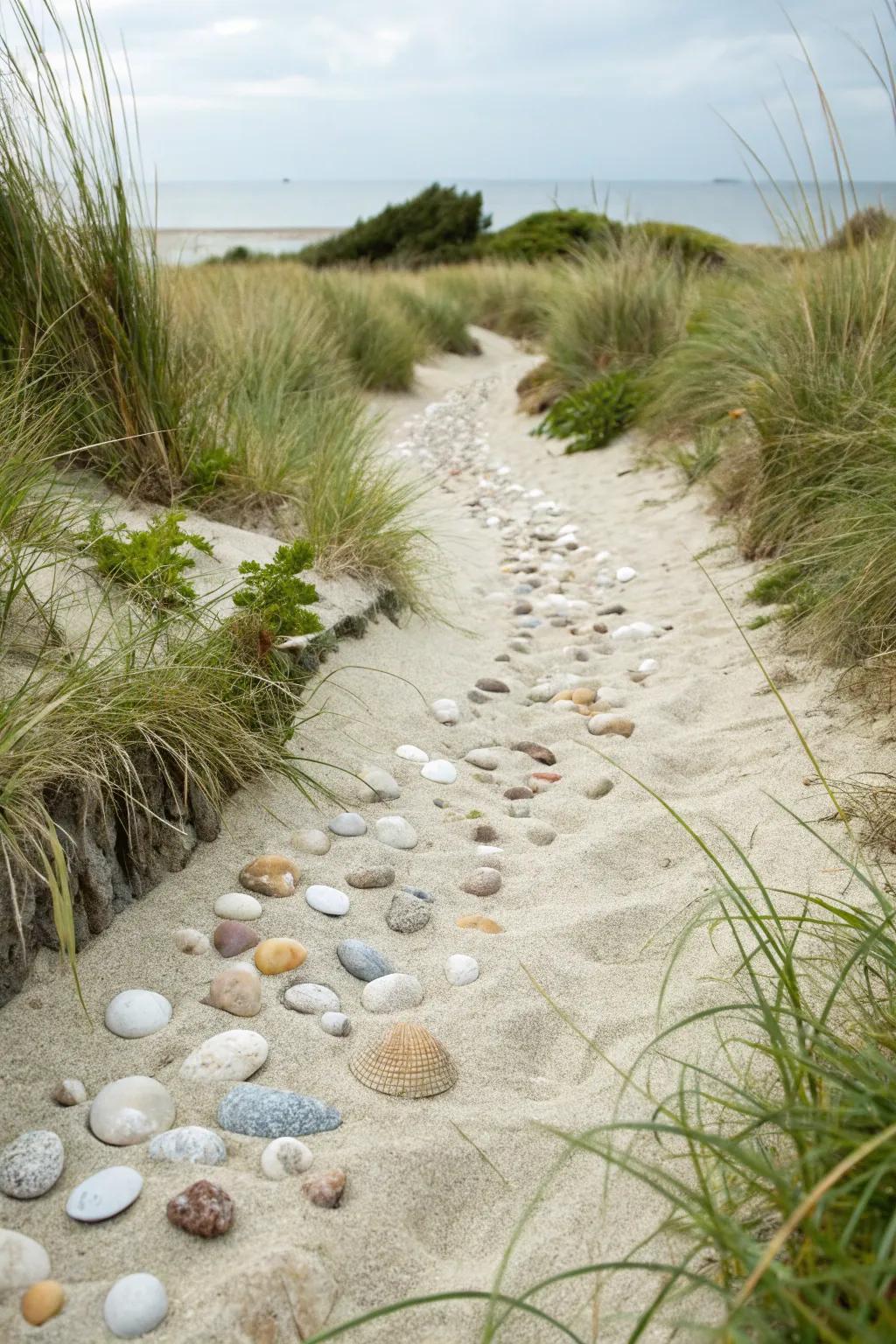 Shell and sand routes bring a coastal vibe to gardens.