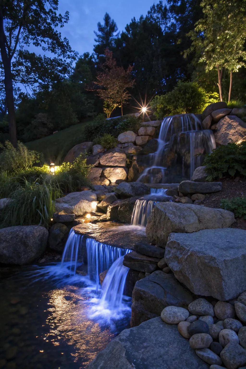 Integrated lighting transforms your waterfall into a nighttime spectacle.