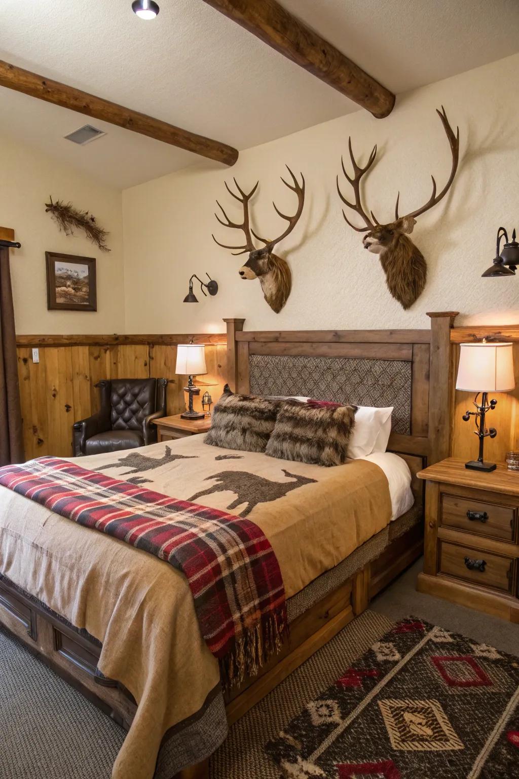 Antler accents bring a rugged elegance to your room.