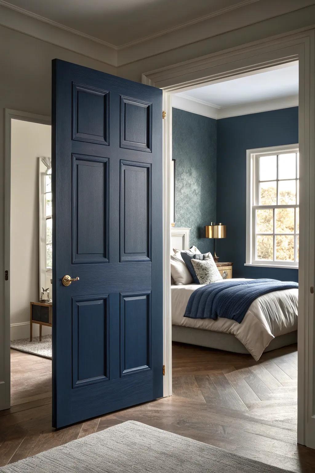 Midnight blue doors bring depth and calm.