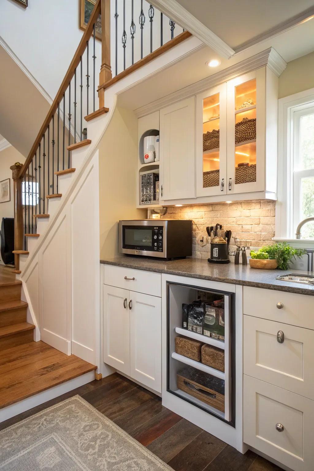 A microwave uniquely positioned under the stairs.