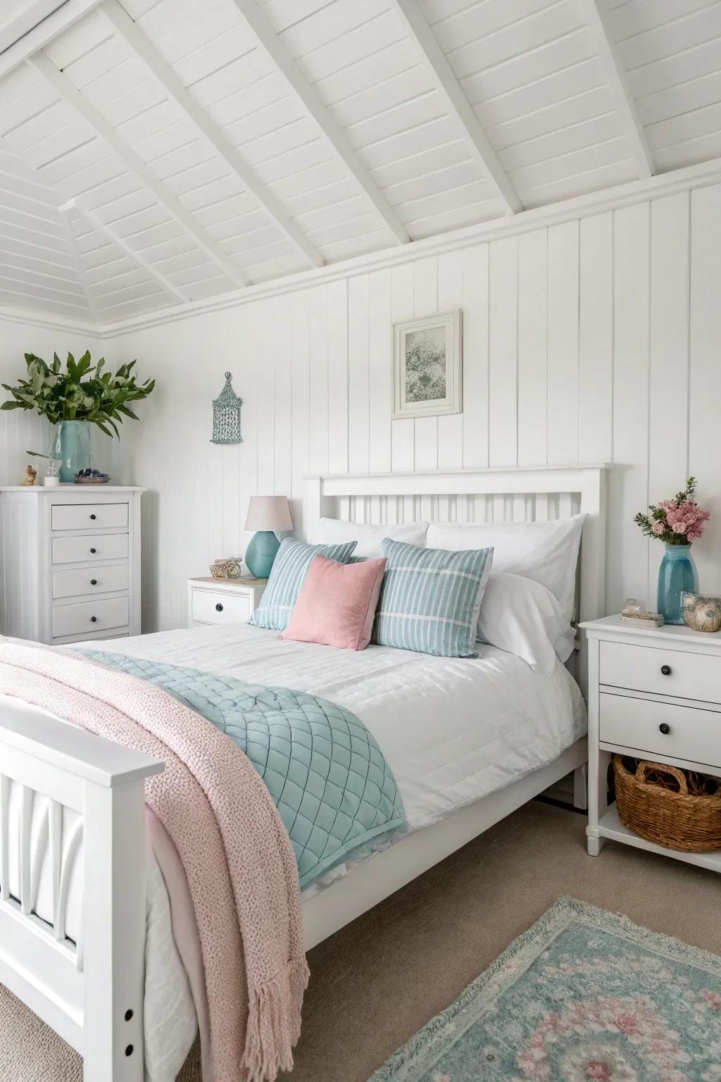 Accent colors add interest to a white bedroom without overwhelming it.