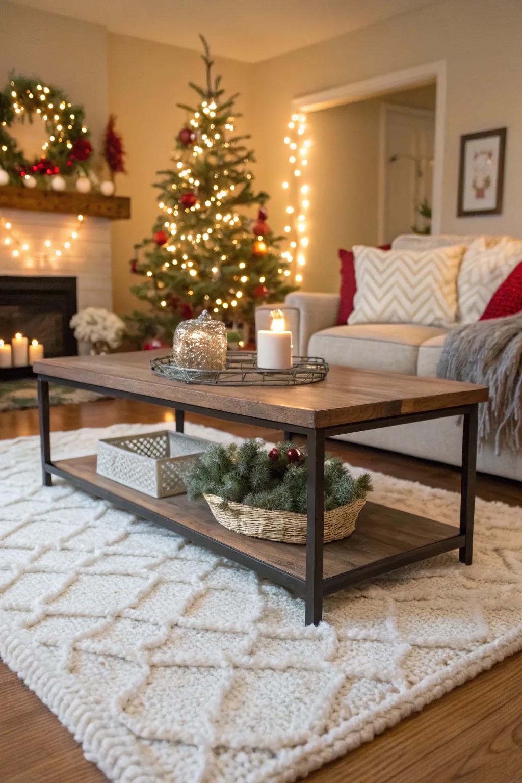 Textured rugs add warmth and compliment your white Christmas decor.