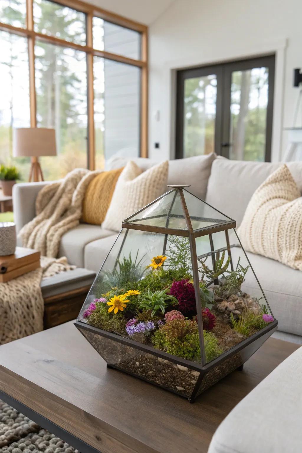 A terrarium filled with wildflowers makes a living art piece.