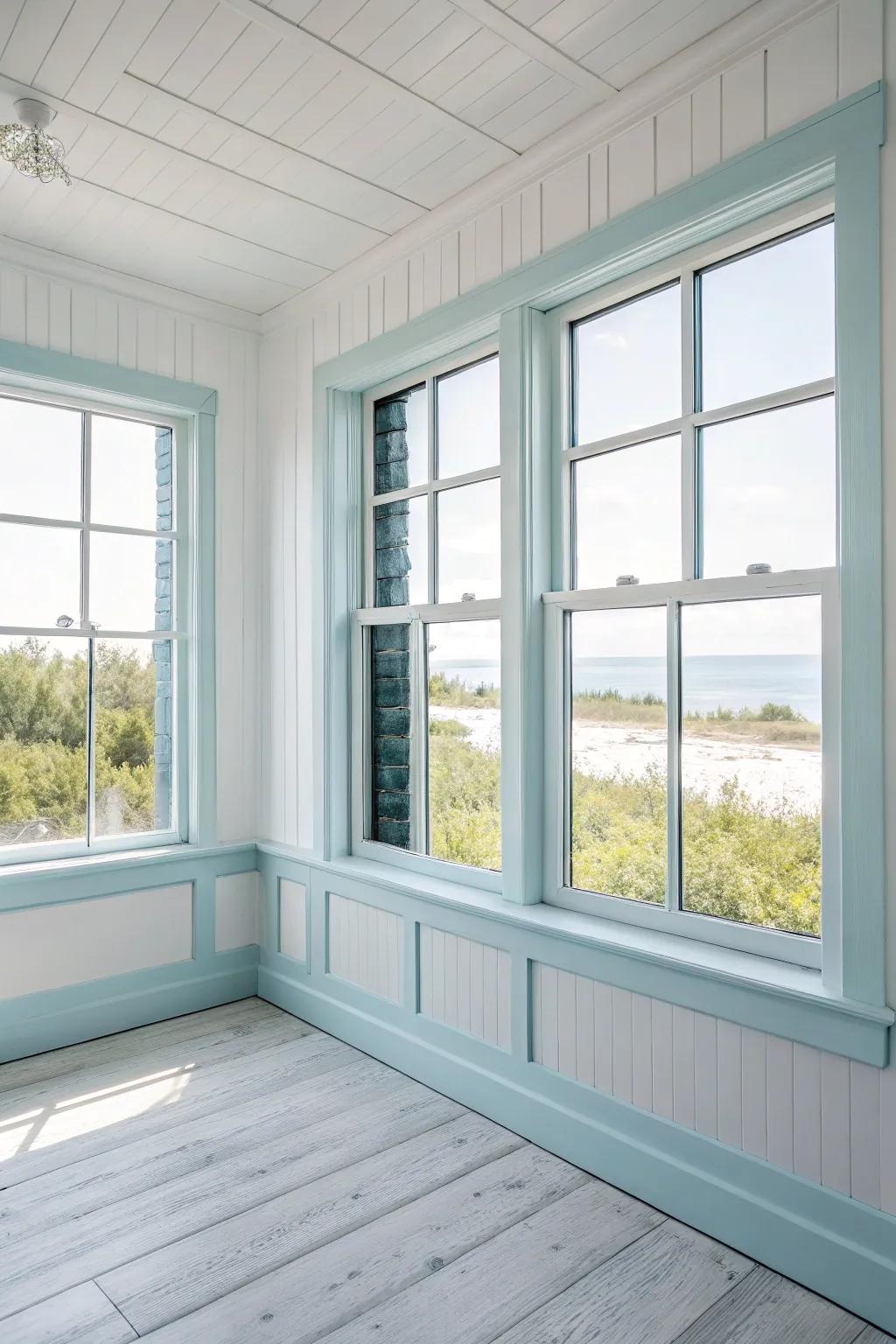 Pale blue trim brings a breezy feel to any space.