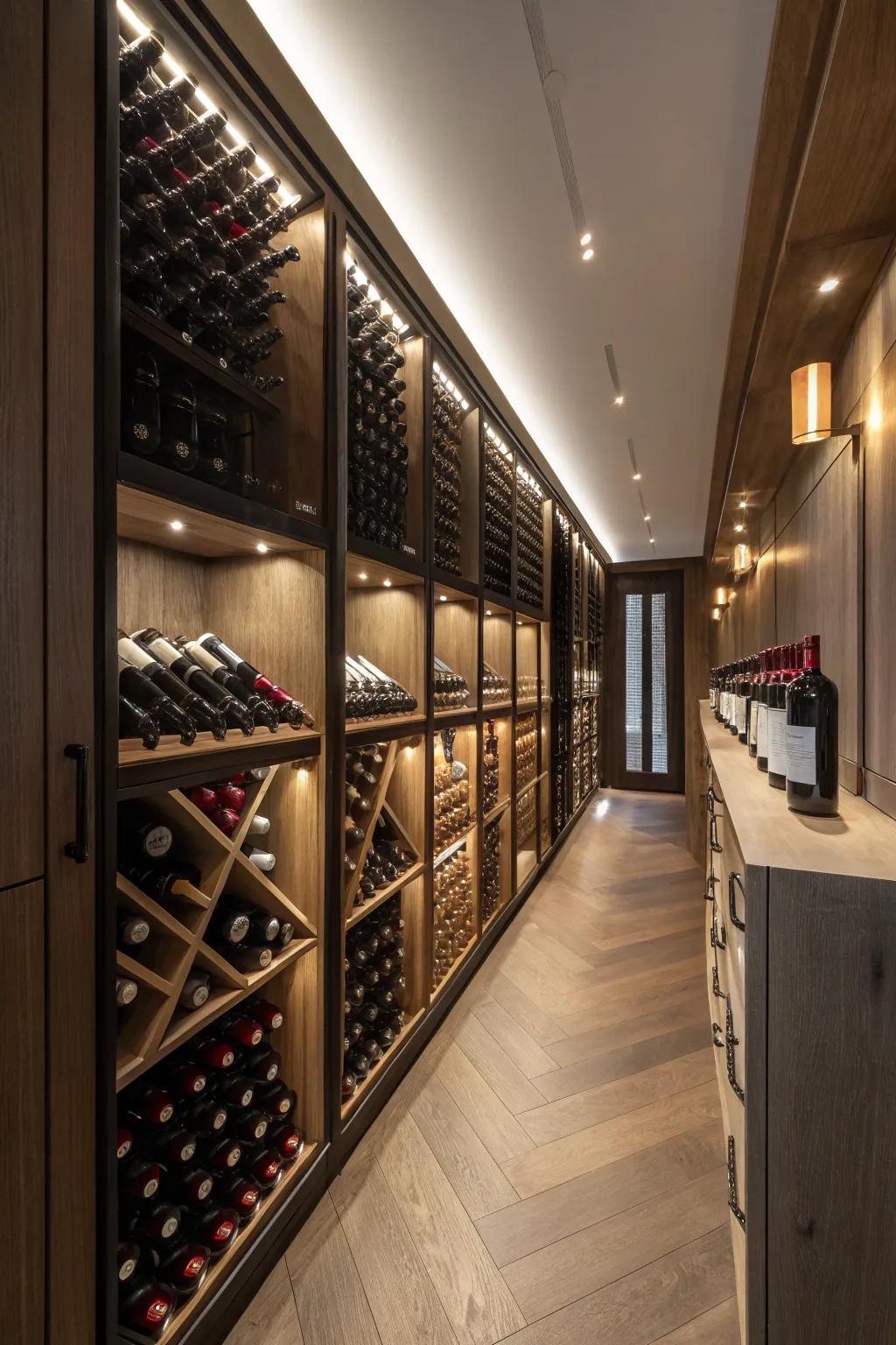 Under-counter lighting adds a soft glow to the wine room.