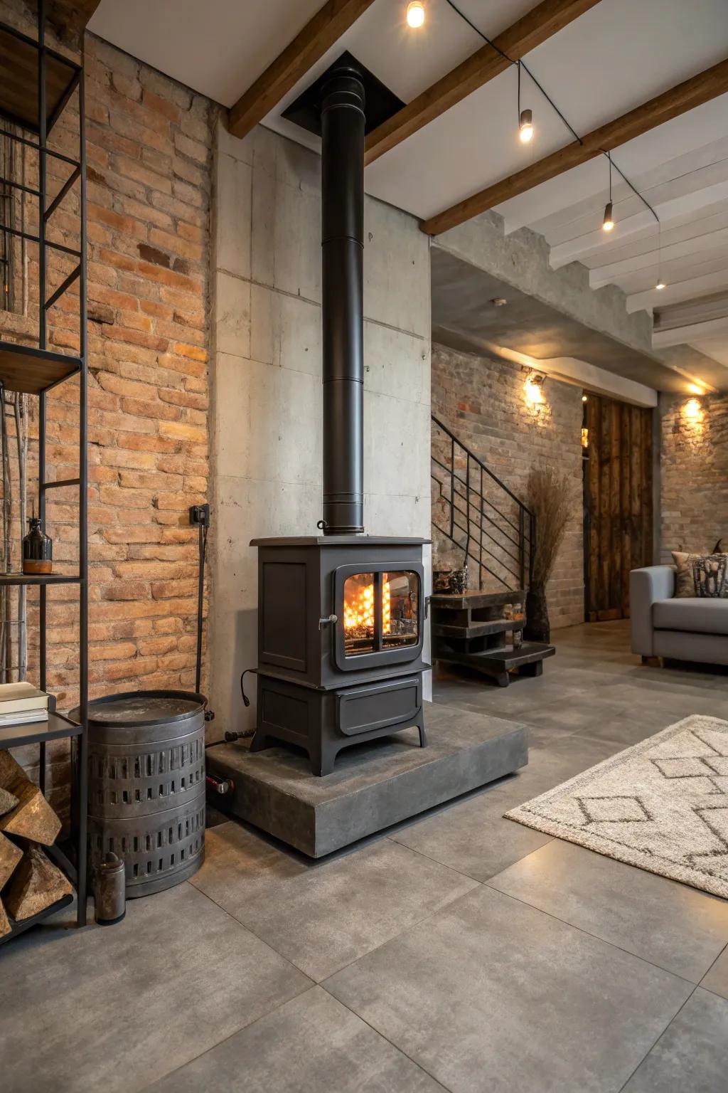 Industrial-style tiles add a raw and edgy look to your wood stove surround.