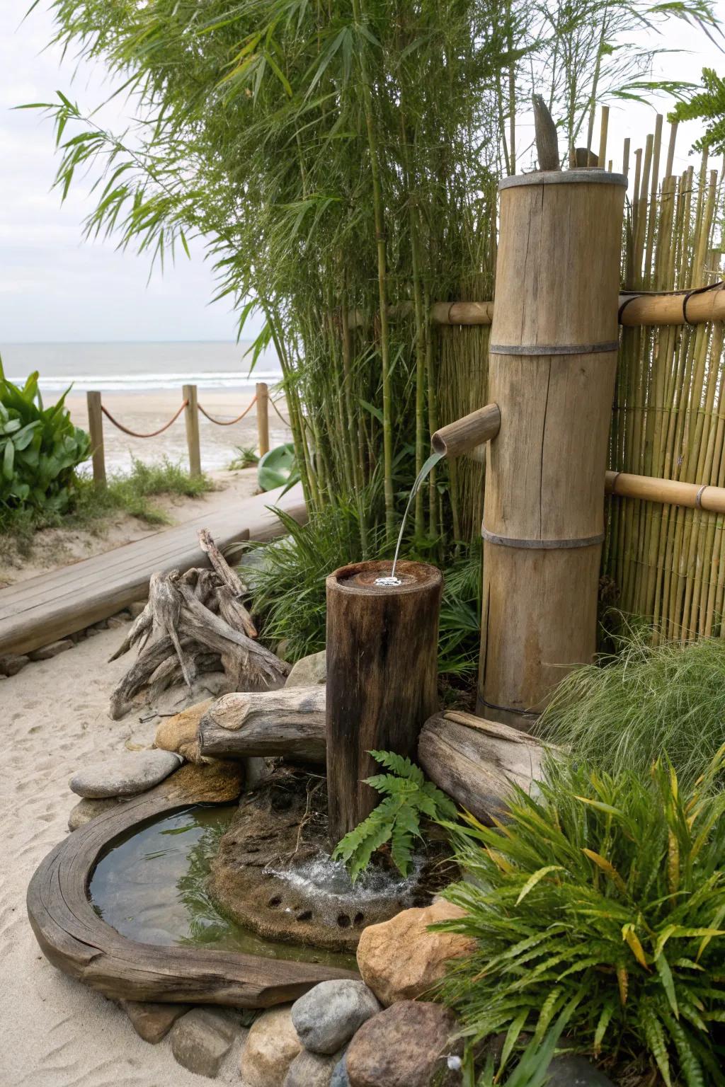 A coastal-inspired bamboo fountain featuring natural driftwood.