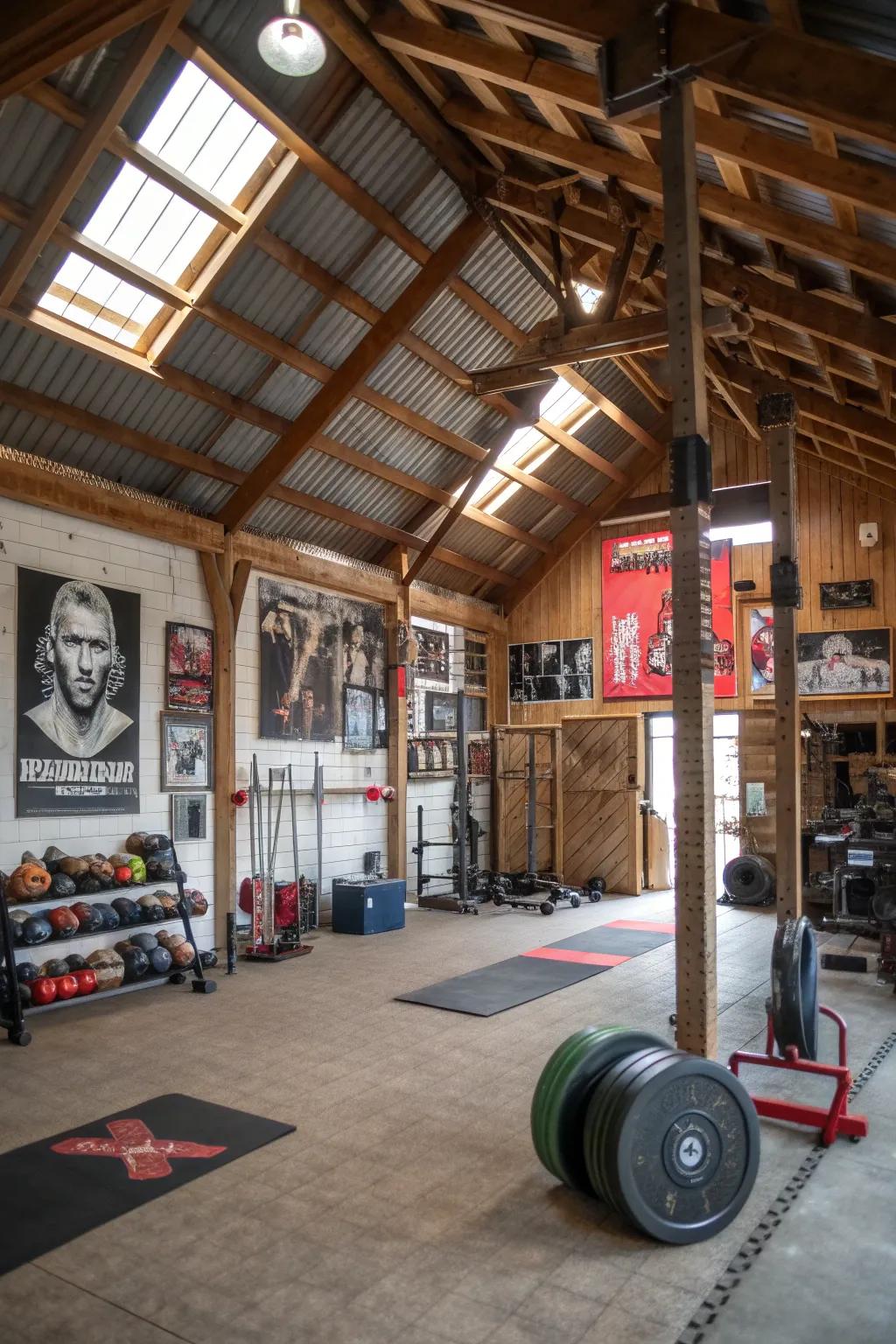 A barn gym offers a convenient and private space for fitness enthusiasts.