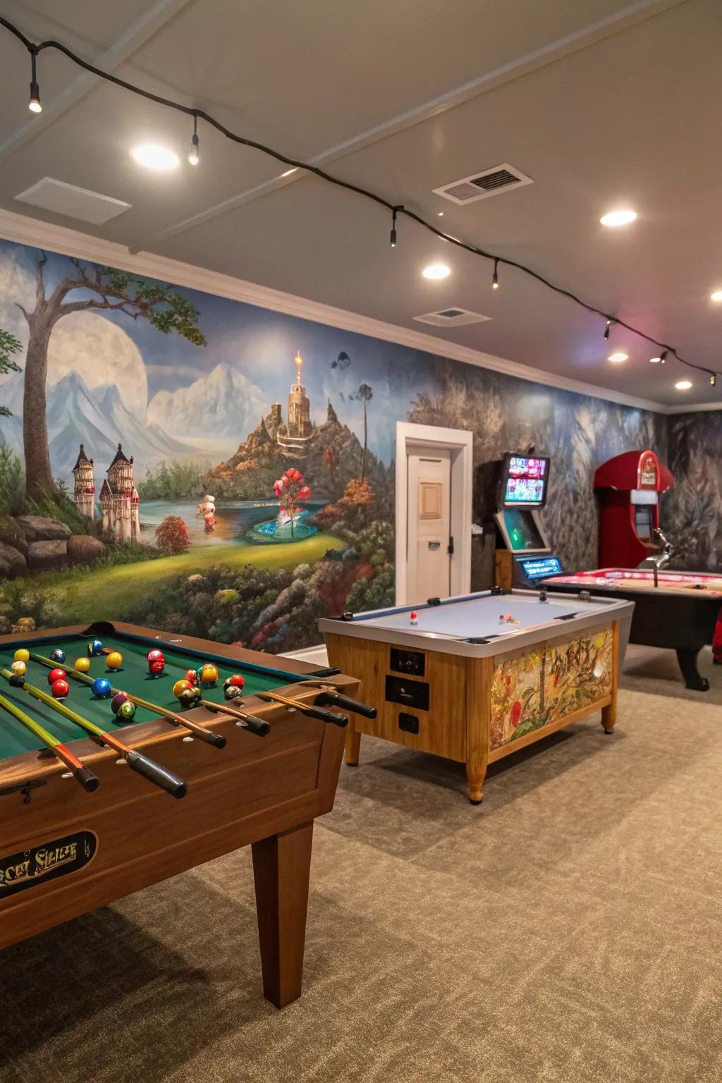 Photo murals add a personal and imaginative touch to your game room.