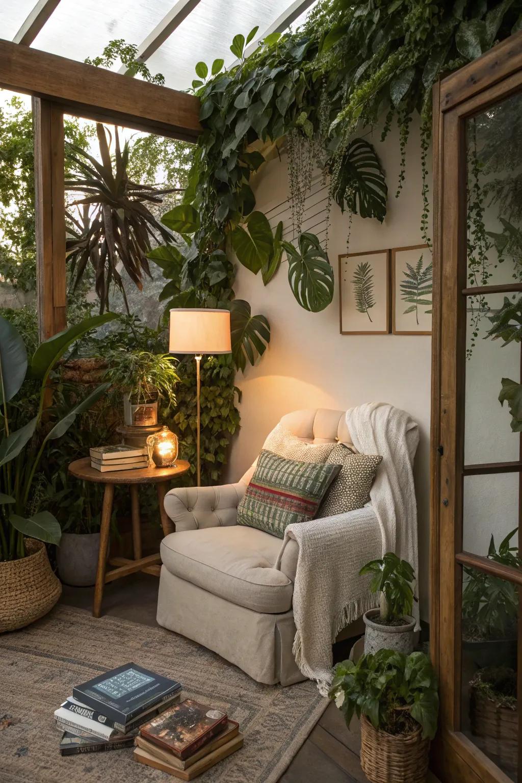 A plant-filled nook becomes your cozy escape.