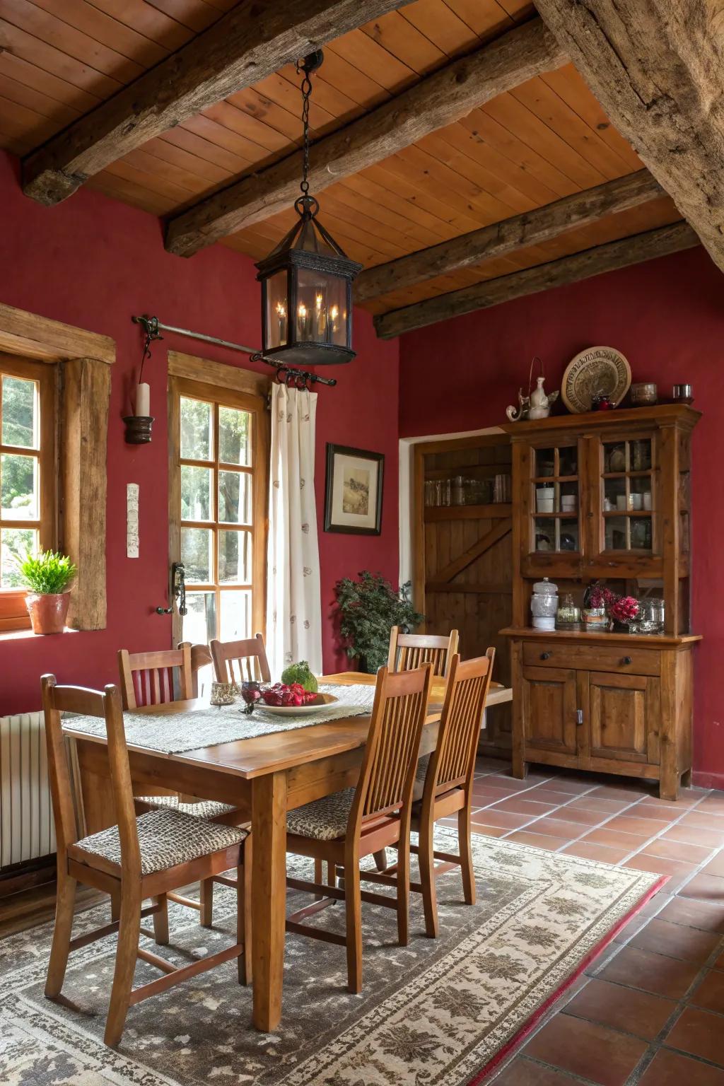 Barn red adds rustic charm to dining spaces.