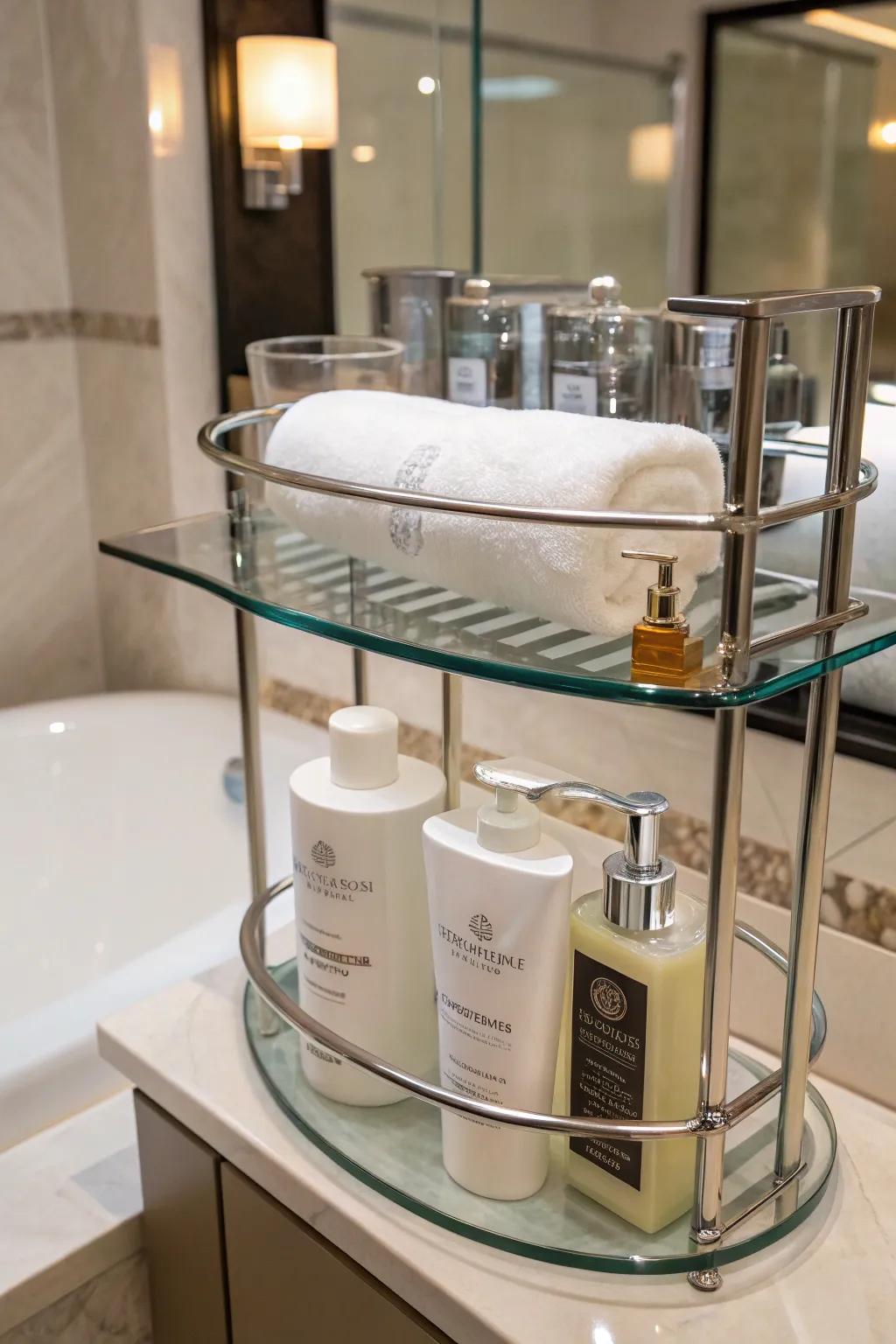 Elevate your bathroom with luxury glass shelves for a sophisticated touch.