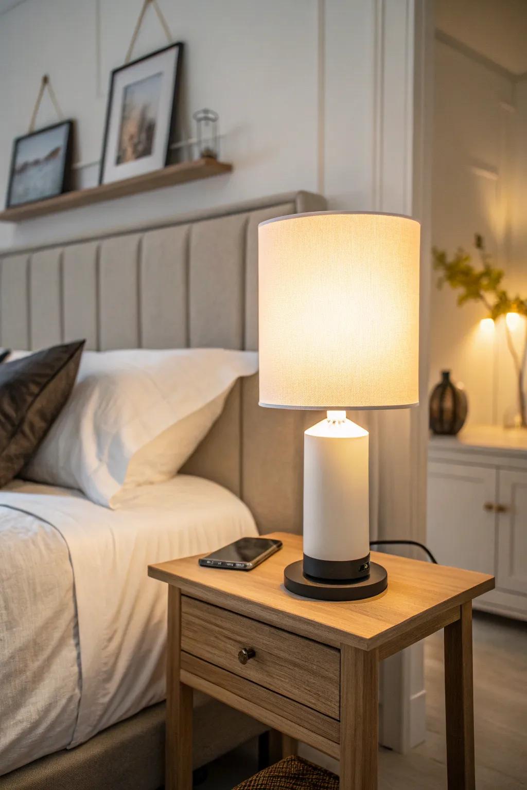 A smart bedside lamp creates a tranquil atmosphere, promoting restful sleep with its customizable lighting.