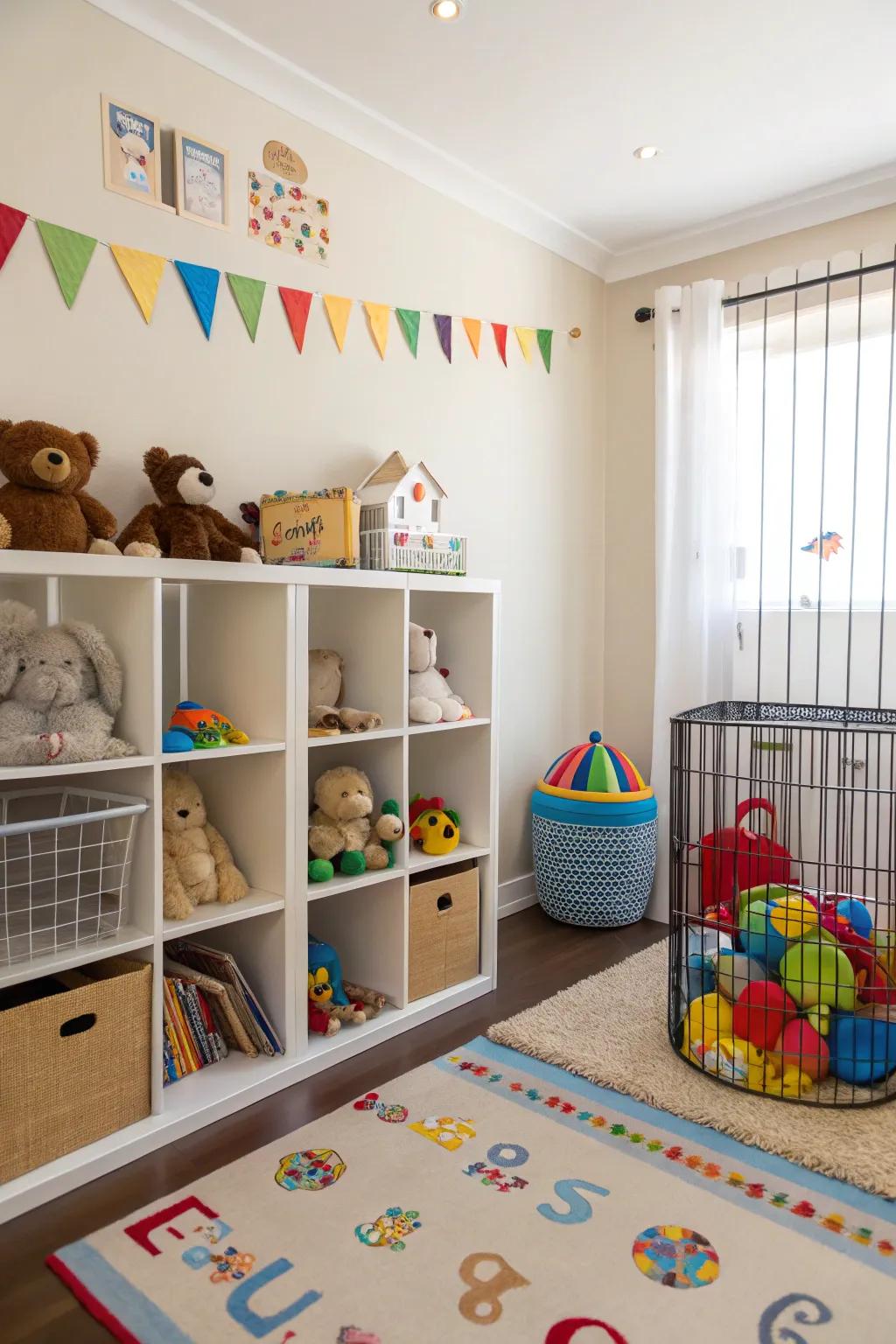 Cubbies and cages provide structured toy storage.