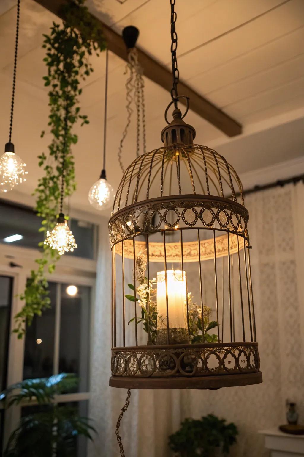 A hanging light fixture made from a bird cage adds unique style.