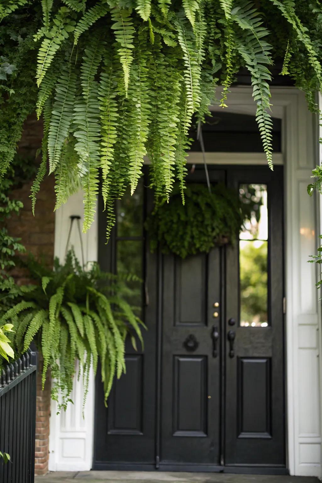 Lush hanging ferns bringing nature's charm to a black door.