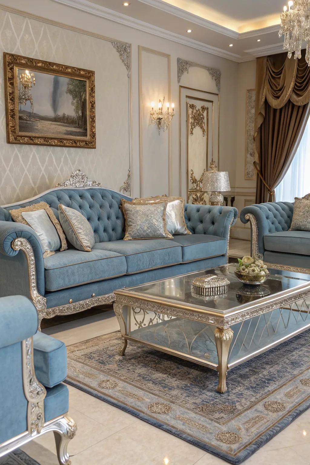 Azure furniture featuring silver trimmings elevates the aesthetic of this luxurious family room.