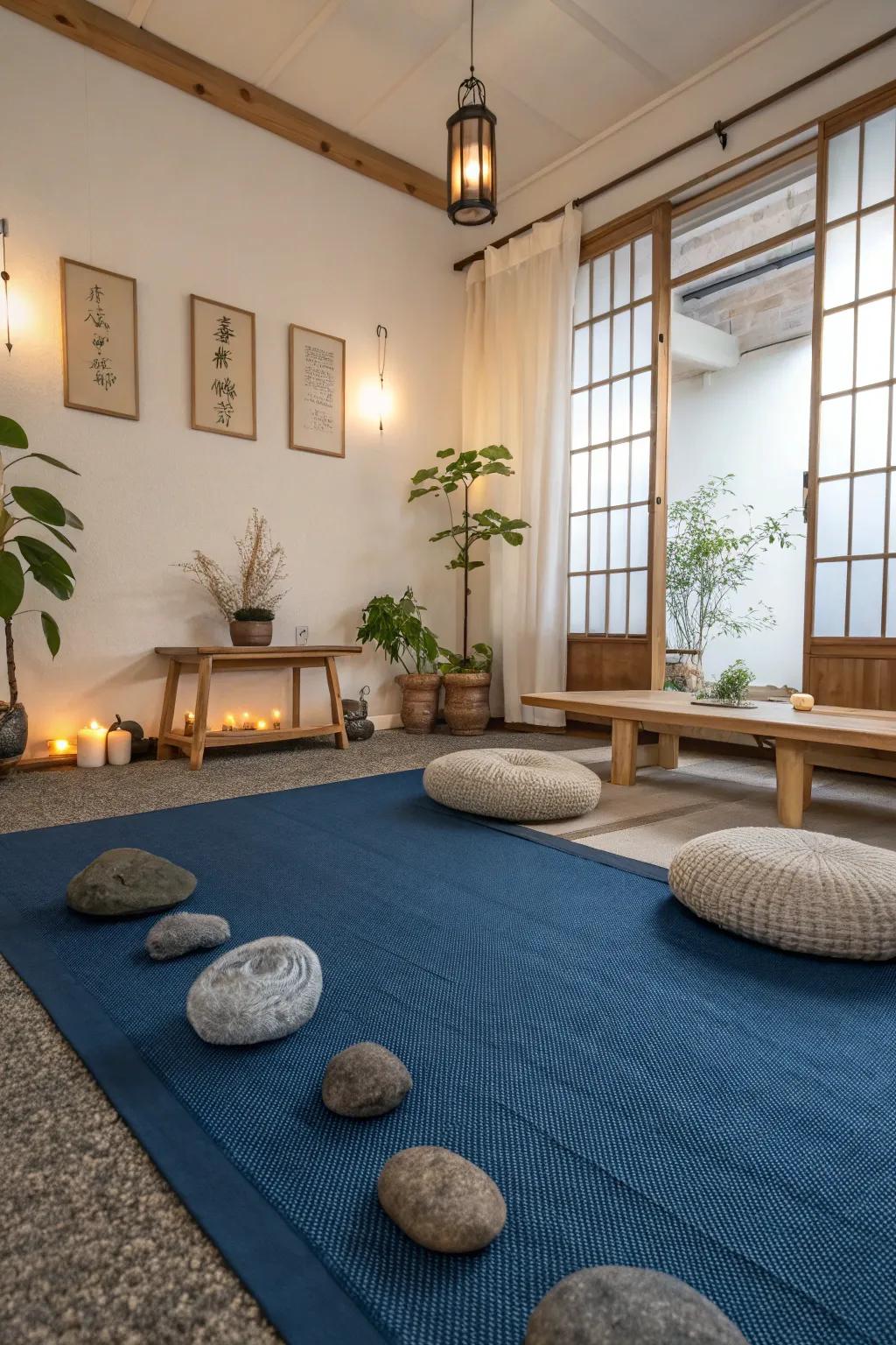 A blue carpet sets the foundation for a serene, Zen-inspired living space.