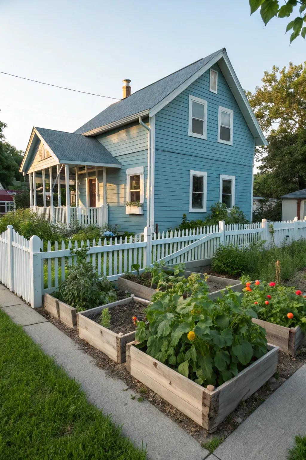 A vegetable patch adds charm and fresh produce.