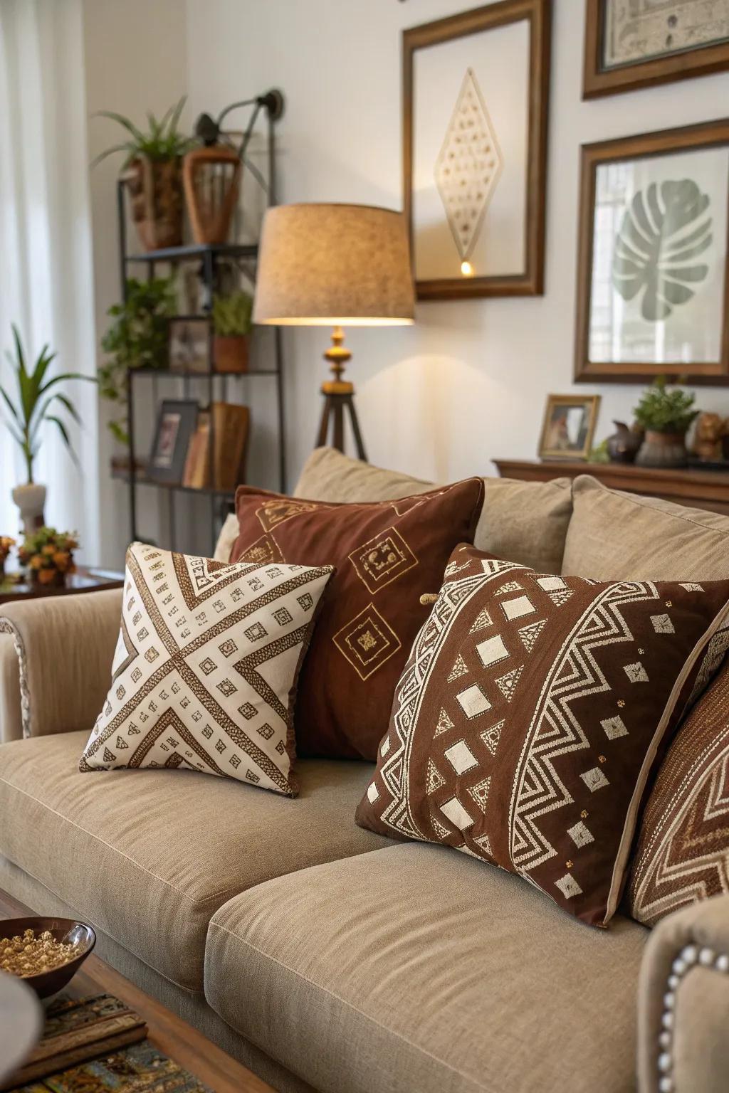 Patterns in brown tones add energy and interest to the decor.