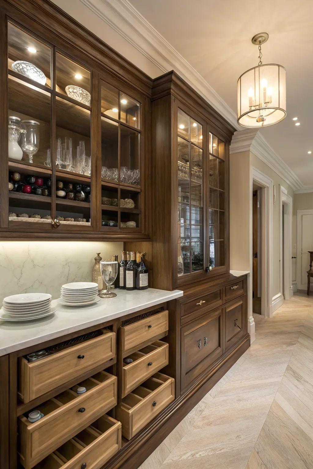 Hidden storage keeps the pantry tidy and organized.