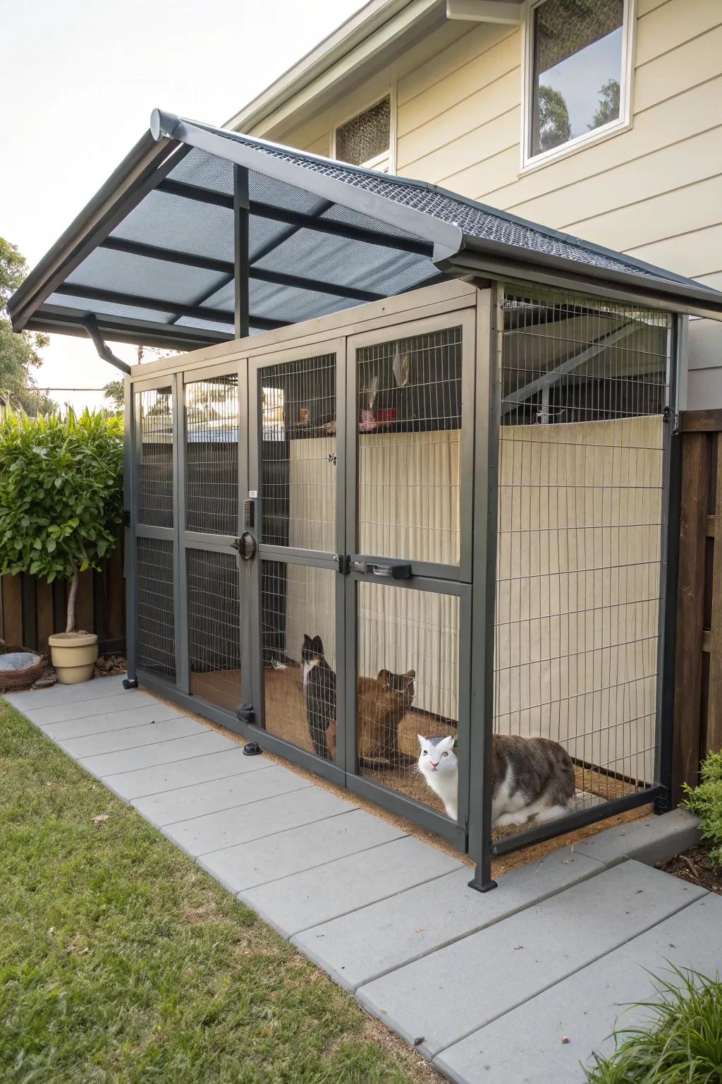 A weather-protected shelter in a catio, providing comfort in all seasons.